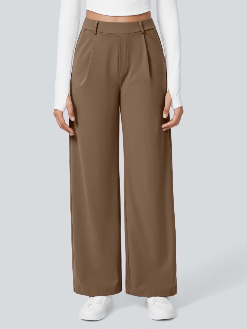 HALARA Wide Leg High-Rise Pants in Taupe Brown petite